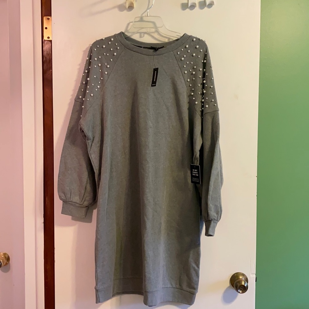 NWT Express Size XL Pearl Embellishment Grey Sweater Dress